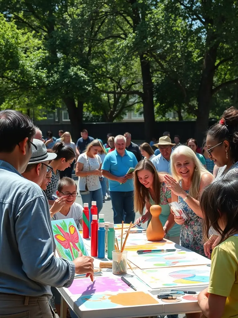 A photograph capturing a community event organized by CASHEW PRODUCTION, with people of different backgrounds participating in an interactive art activity, emphasizing cultural diffusion and community engagement.