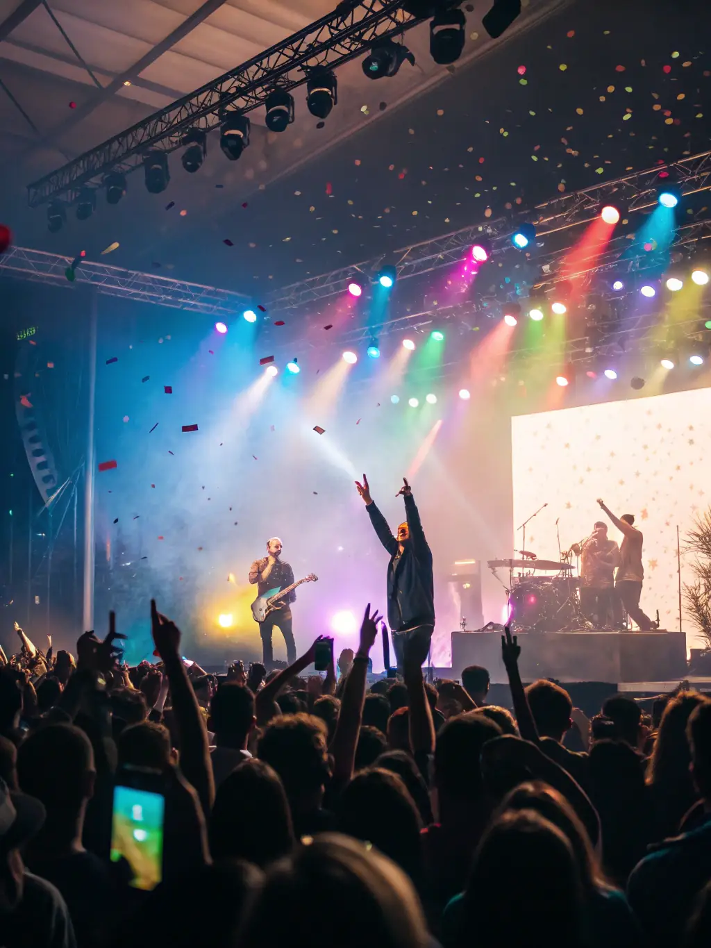 A vibrant image of a live concert organized by CASHEW PRODUCTION, featuring a diverse audience enjoying the performance, showcasing the energy and community spirit of the event.