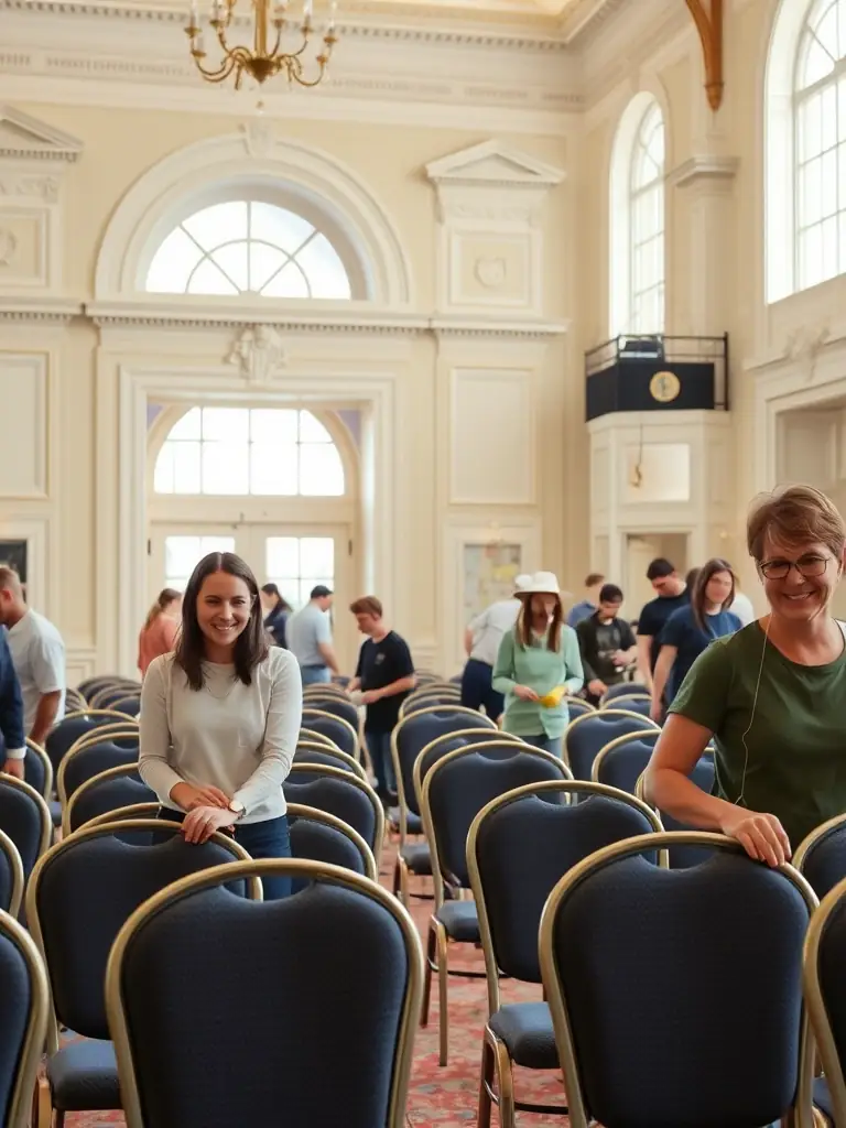 A photo of a group of volunteers working together to set up an art exhibition, highlighting CASHEW PRODUCTION's commitment to community involvement.