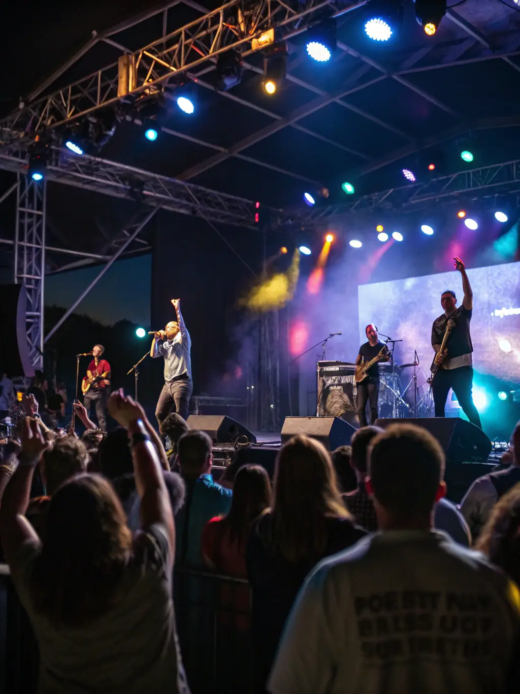 A vibrant photograph capturing the energy of a live concert organized by CASHEW PRODUCTION, featuring a diverse audience enjoying the performance.