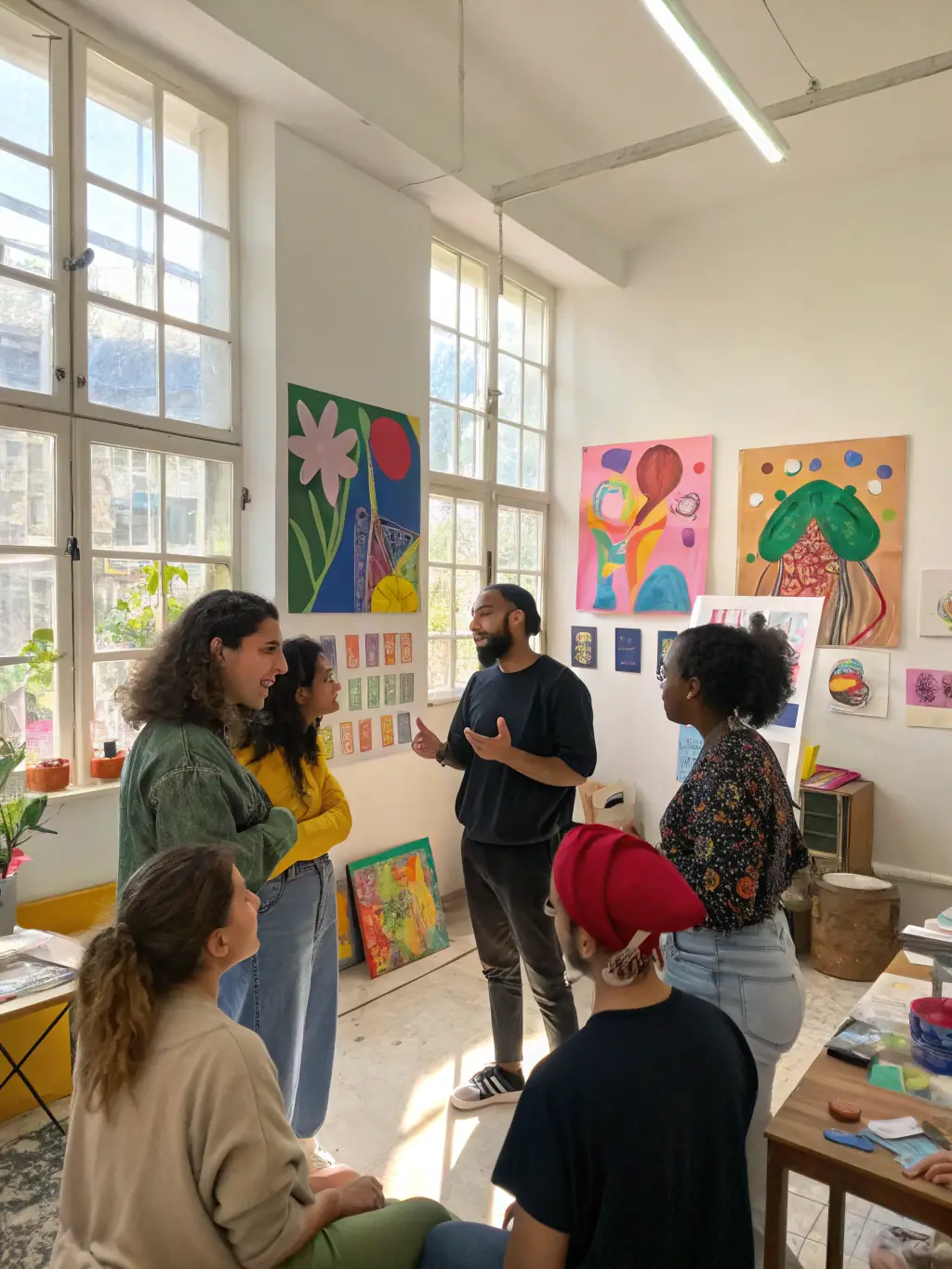 A collaborative workshop session where artists are brainstorming and developing new artistic projects with the support of CASHEW PRODUCTION.