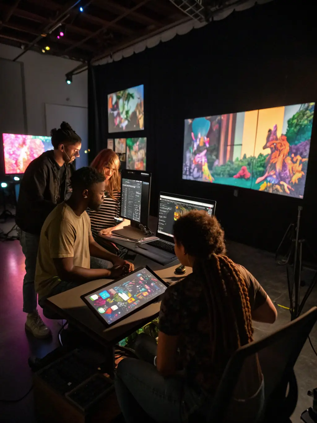 A dynamic image depicting artists collaborating in a workshop setting facilitated by CASHEW PRODUCTION, emphasizing the organization's commitment to supporting artistic project development and mentorship.