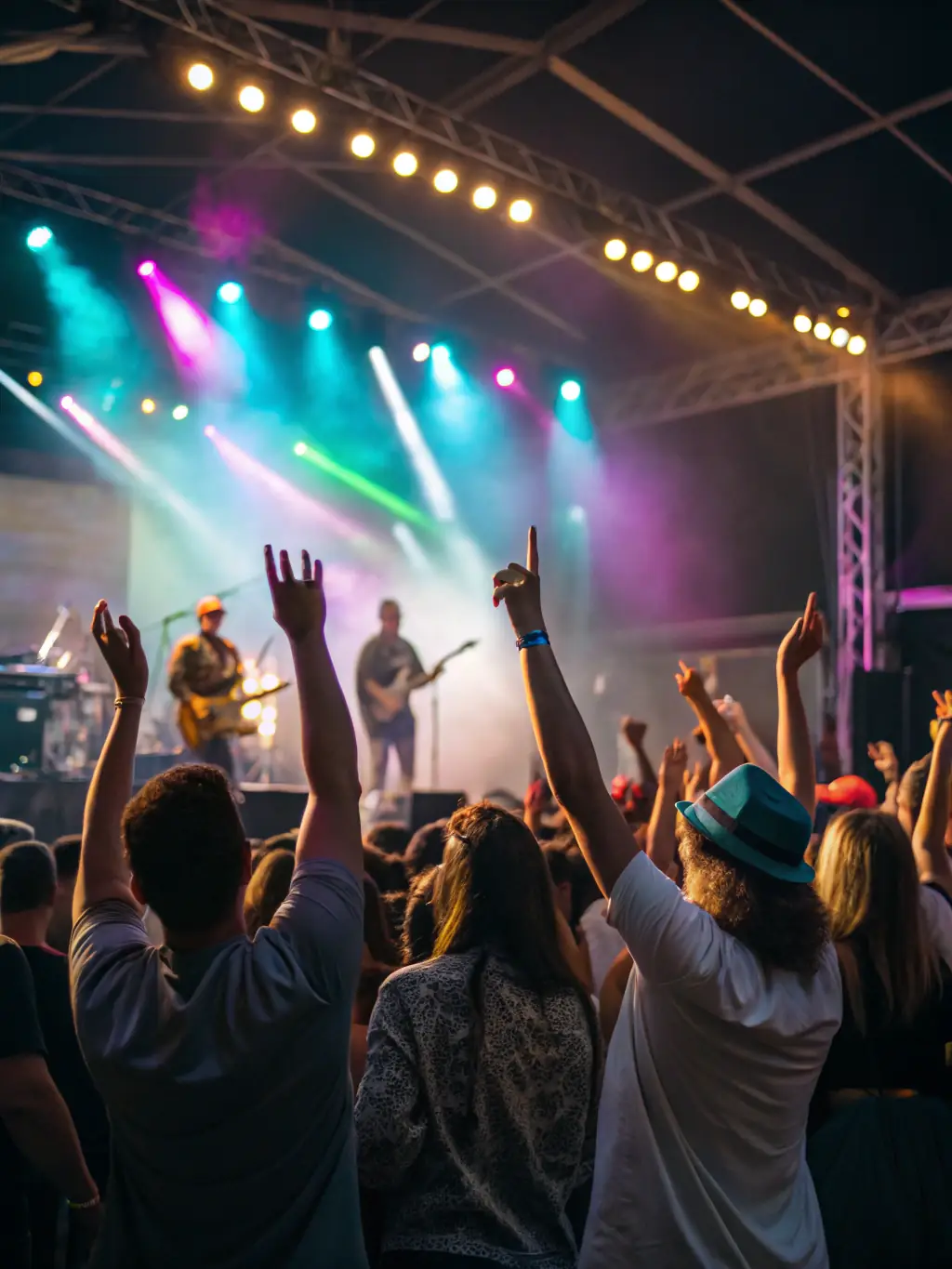 A vibrant photograph capturing a live concert organized by CASHEW PRODUCTION, featuring an emerging artist performing on stage with a captivated audience in the background, showcasing the energy and community engagement of the event.