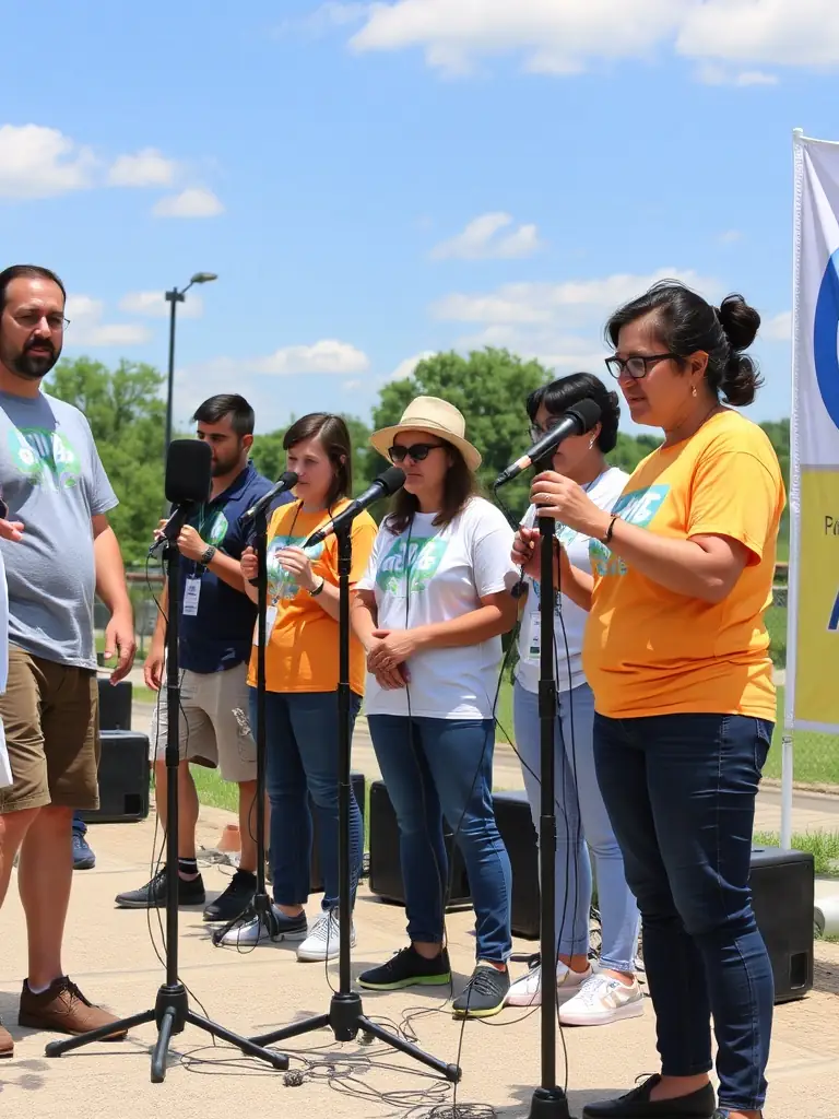 A dynamic image of volunteers actively involved in setting up for a CASHEW PRODUCTION event, highlighting the importance of community support and participation in the organization's activities.