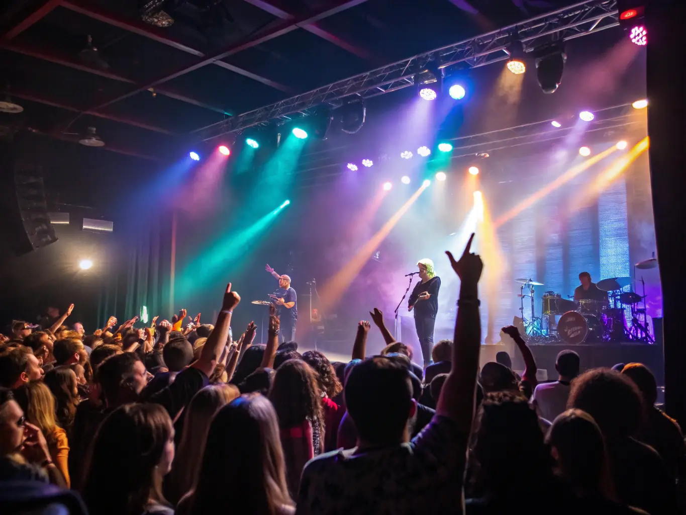 An energetic image of a live concert with a vibrant crowd enjoying a performance on stage, representing CASHEW PRODUCTION's concert organization services.